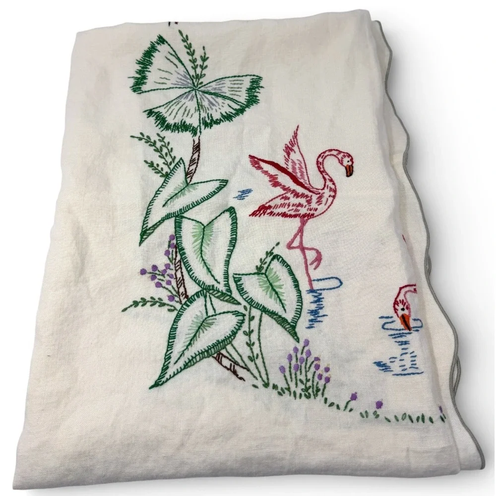 Vintage Embroidered‎ Linen Tablecloth 72x56 Flamingos Floridian Resort Handmade